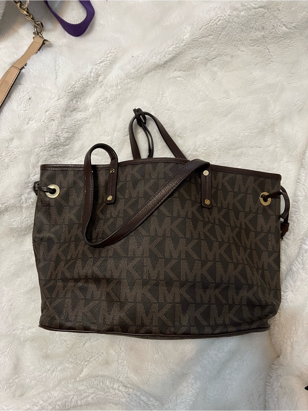Michael Kors Dark Brown MK Signature Tote with Gold Hardware